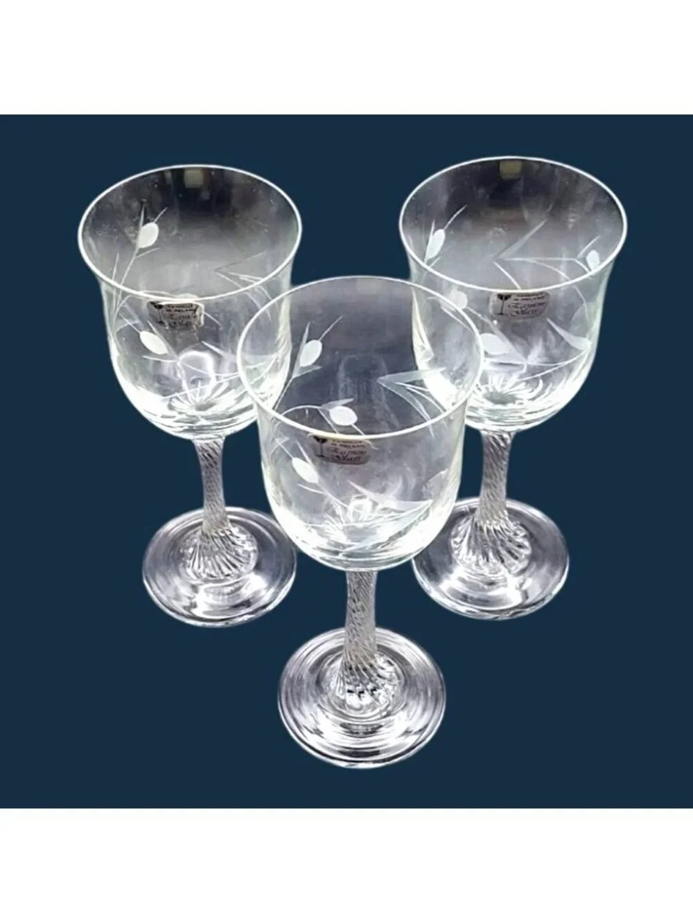 Hand Cut Wine Glasses Twisted Stem Floral Dublin Ireland Eamon Glass Set Of 3